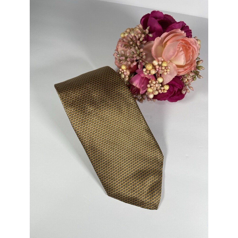 Perry Ellis Portfolio Mens Silk Neck Tie Gold Blue Geometric Square Dot Pattern
